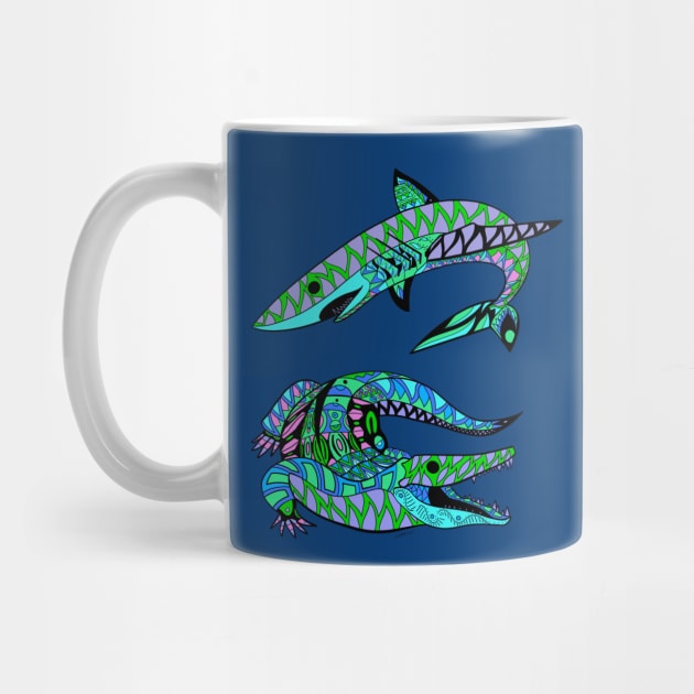 the shark and the alligator in pattern ecopop art by jorge_lebeau